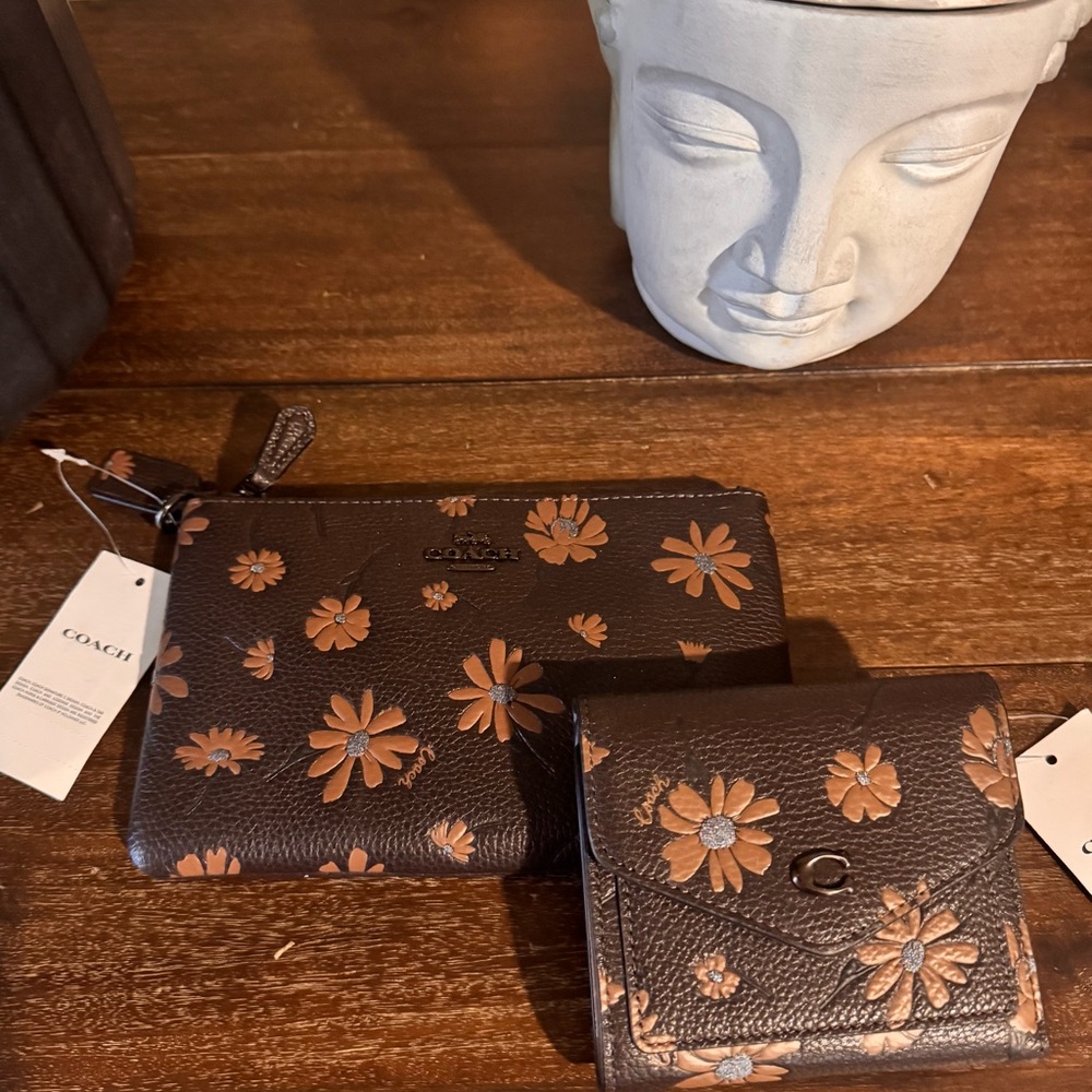 Coach Brown Floral Wristlet and Wallet Set